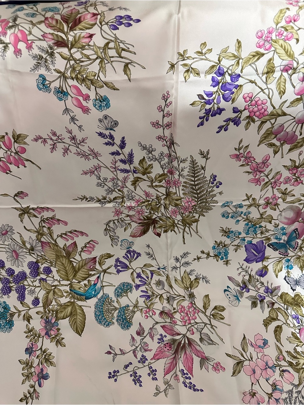Dior Floral Silk Scarf in White with Pink, Purple, Blue and Green Accents